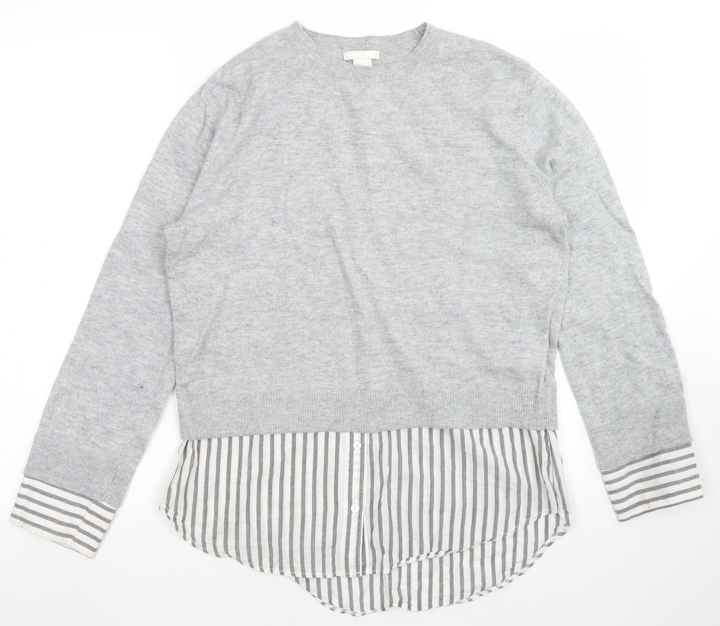 H&M Womens Grey Striped Cotton Basic Blouse Size XS Crew Neck