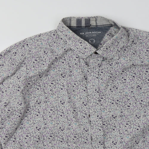 Debenhams Mens Grey Geometric Cotton  Button-Up Size XL Collared Button