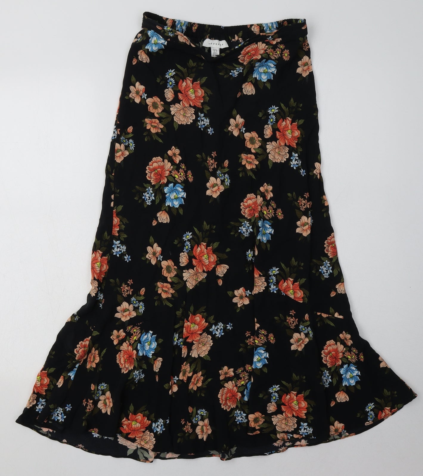 Topshop Womens Black Floral Viscose A-Line Skirt Size 10