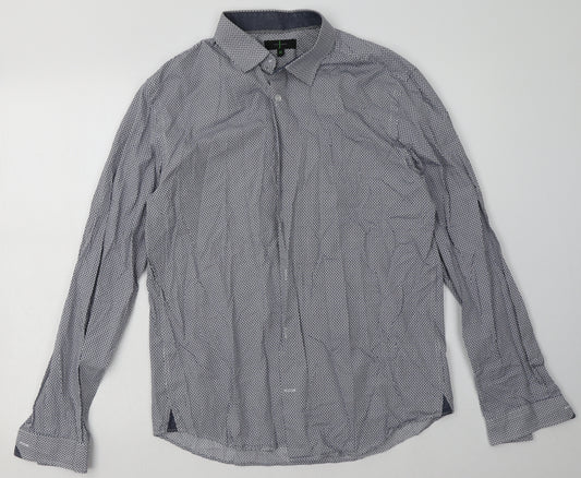 Front view of Debenhams men’s blue geometric cotton button-up, size M, collared button