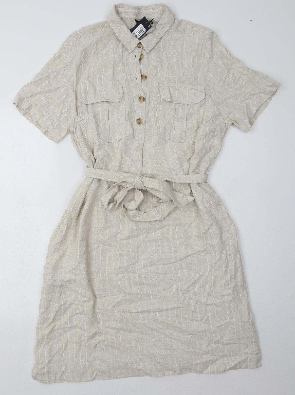 Marks and Spencer Womens Beige Striped Linen Shirt Dress  Size 14  Collared Button