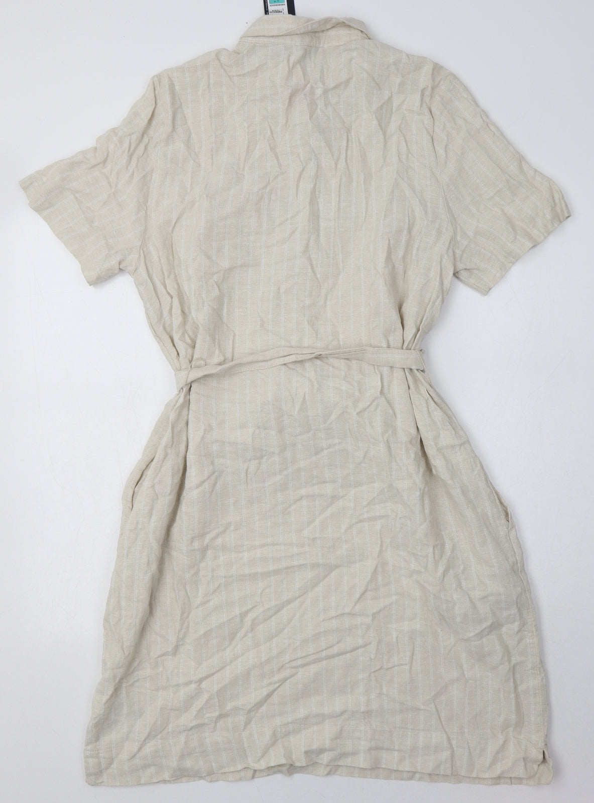 Marks and Spencer Womens Beige Striped Linen Shirt Dress  Size 14  Collared Button