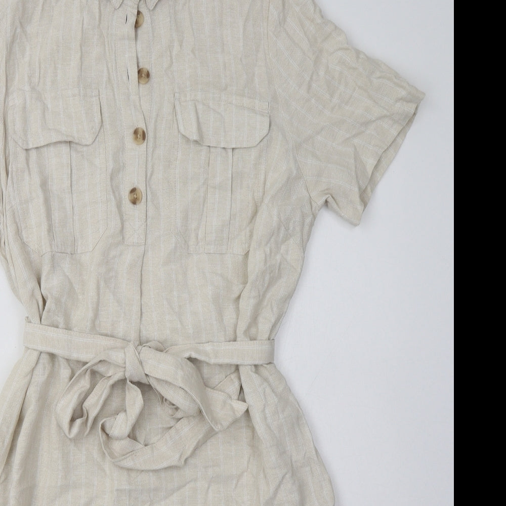 Marks and Spencer Womens Beige Striped Linen Shirt Dress  Size 14  Collared Button