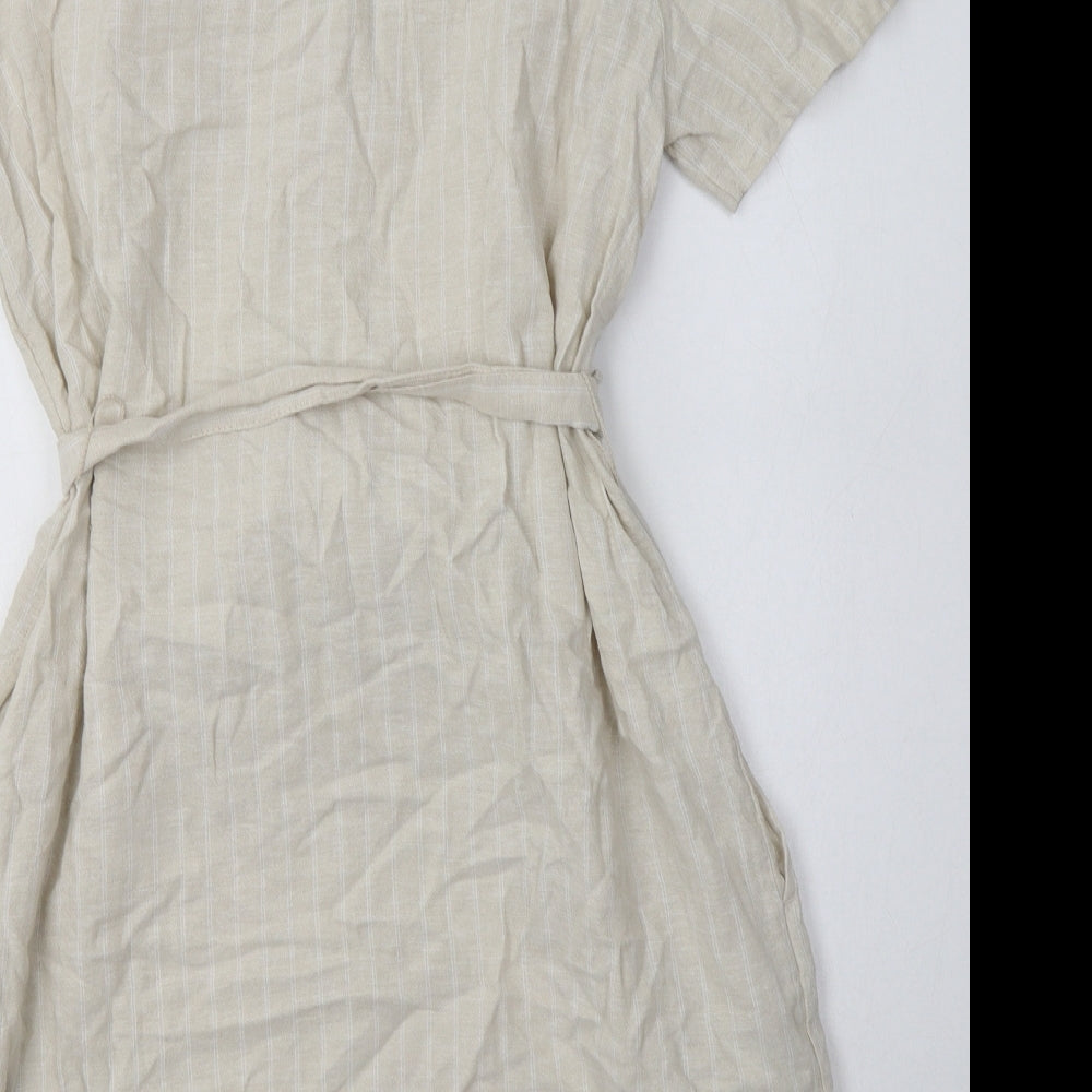 Marks and Spencer Womens Beige Striped Linen Shirt Dress  Size 14  Collared Button
