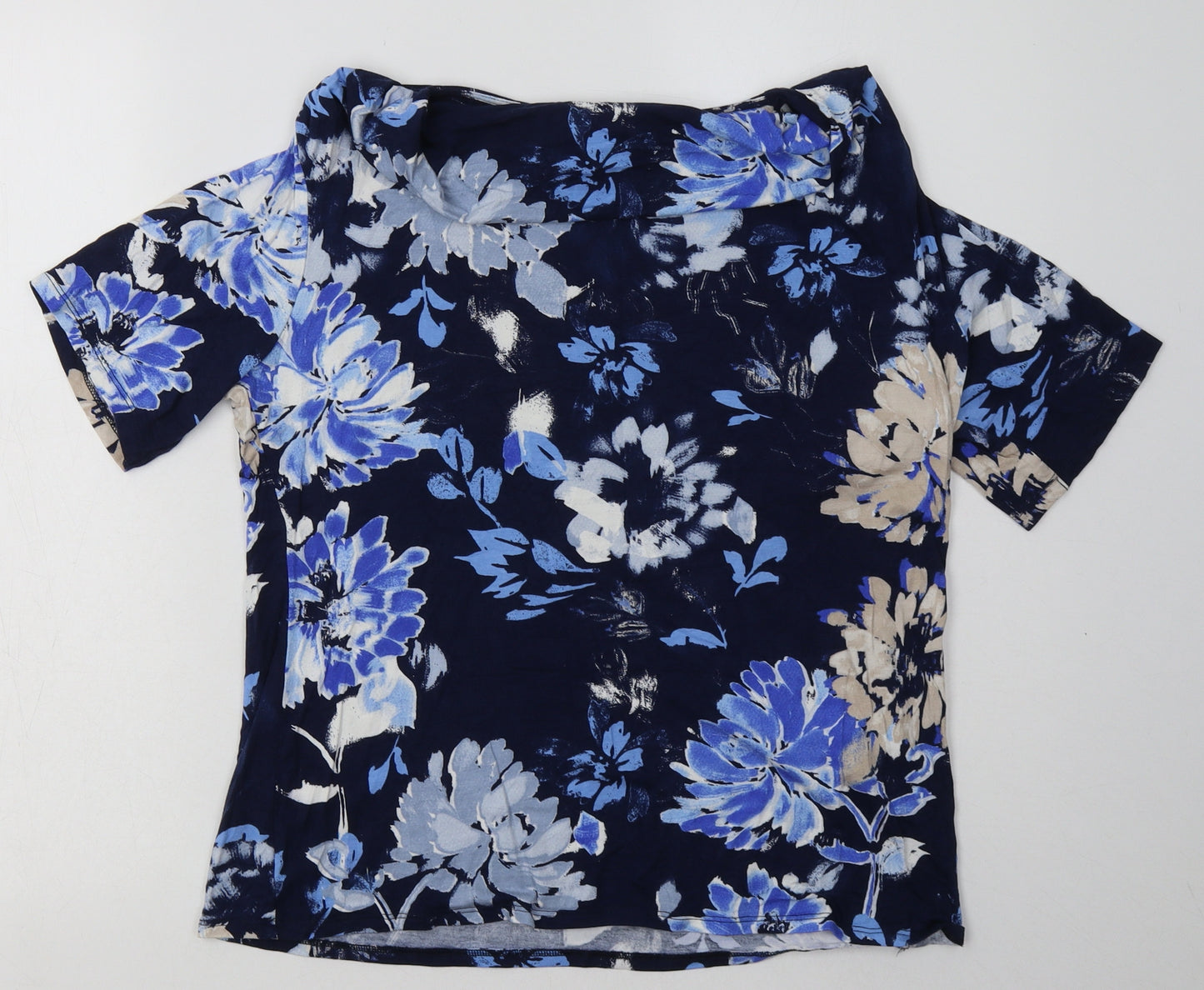Marks and Spencer Womens Blue Floral Viscose Basic T-Shirt Size 14 Roll Neck