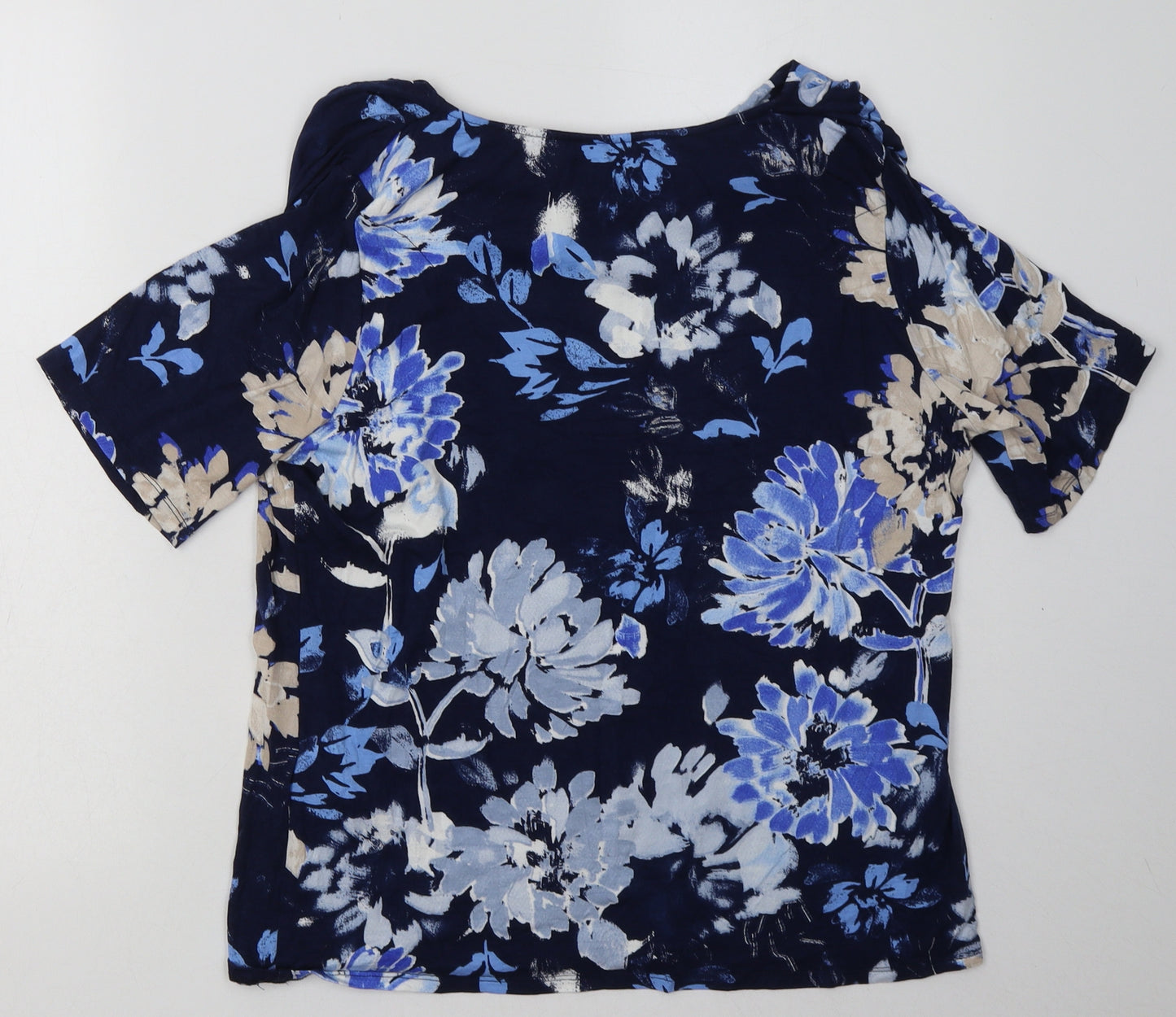 Marks and Spencer Womens Blue Floral Viscose Basic T-Shirt Size 14 Roll Neck
