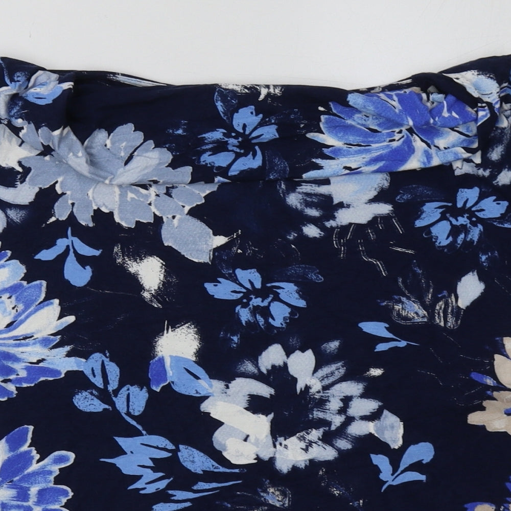 Marks and Spencer Womens Blue Floral Viscose Basic T-Shirt Size 14 Roll Neck