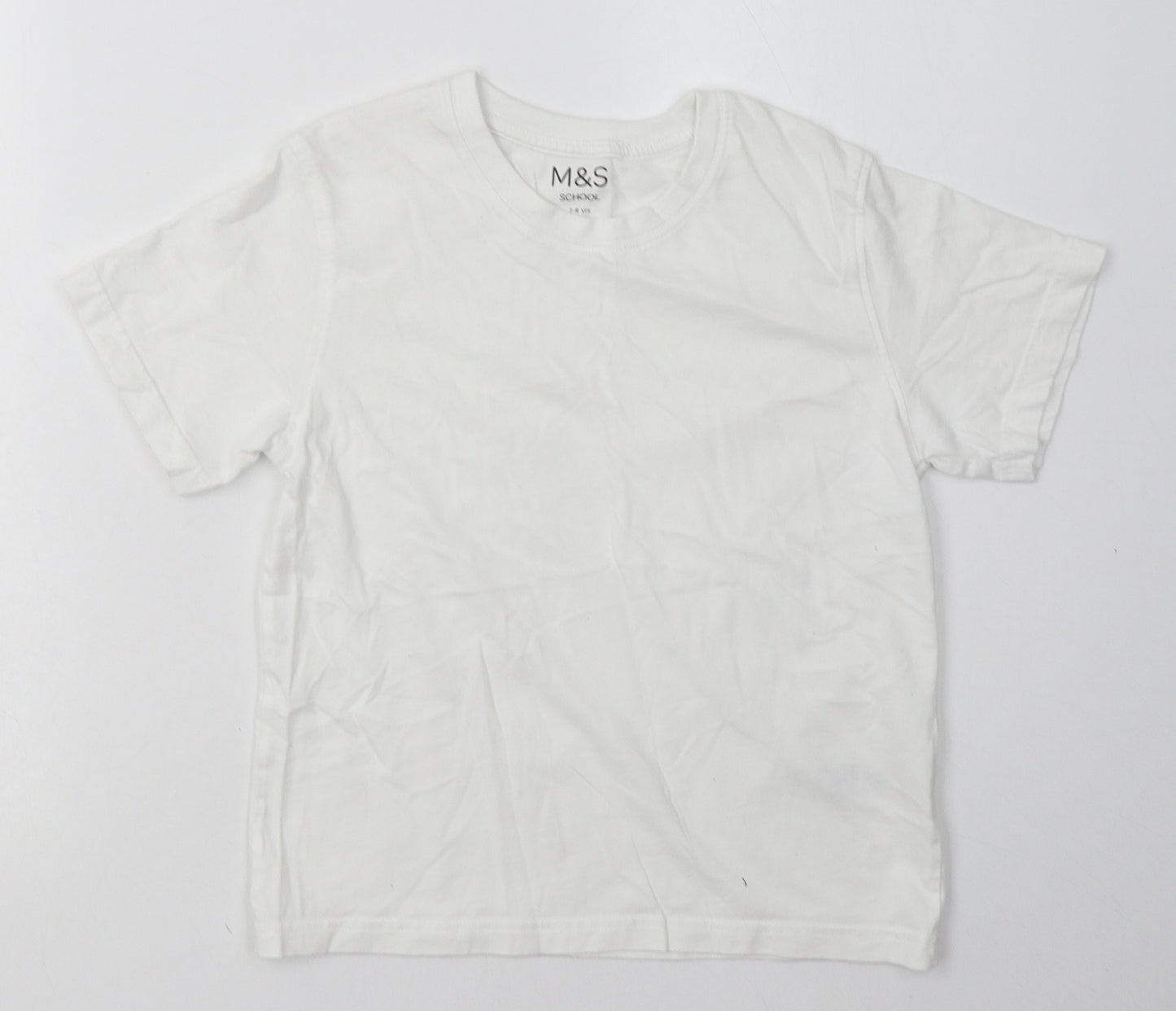 Marks and Spencer Girls White  Cotton Basic T-Shirt Size 7-8 Years Crew Neck Pullover