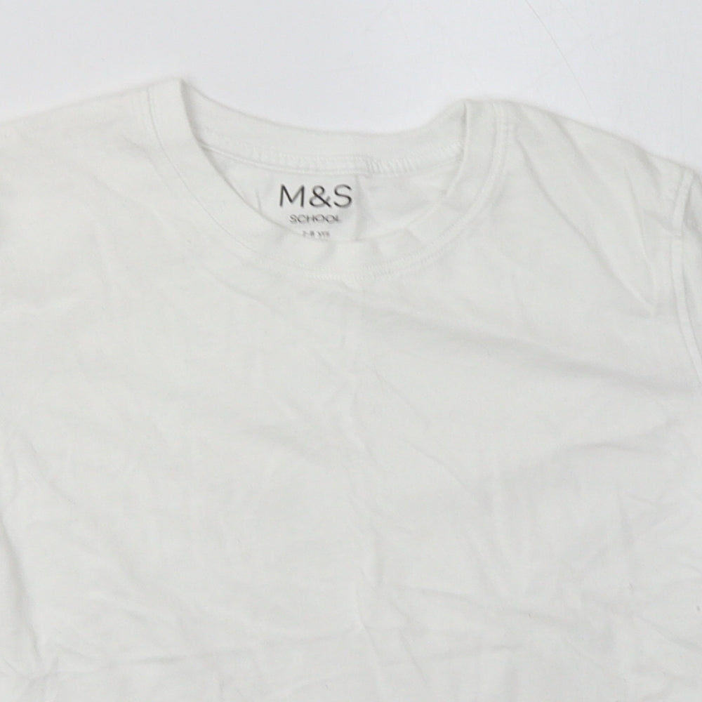 Marks and Spencer Girls White  Cotton Basic T-Shirt Size 7-8 Years Crew Neck Pullover