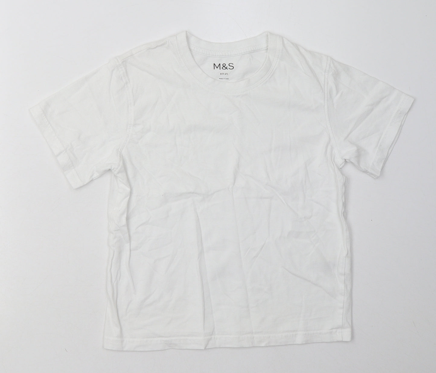 Marks and Spencer Girls White  Cotton Basic T-Shirt Size 8-9 Years Crew Neck Pullover
