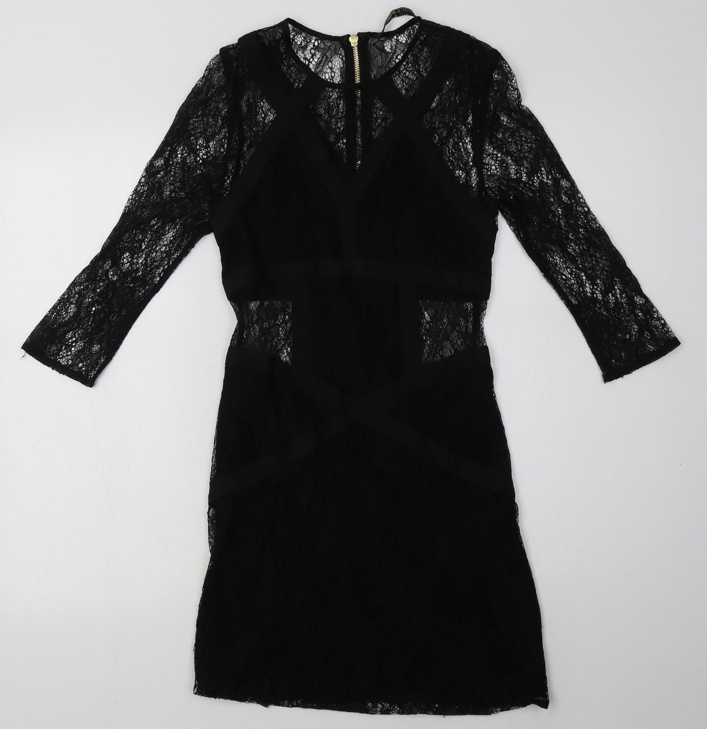 AllSaints Womens Black  Nylon Bodycon  Size 10  Crew Neck Zip