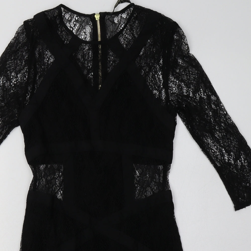 AllSaints Womens Black  Nylon Bodycon  Size 10  Crew Neck Zip