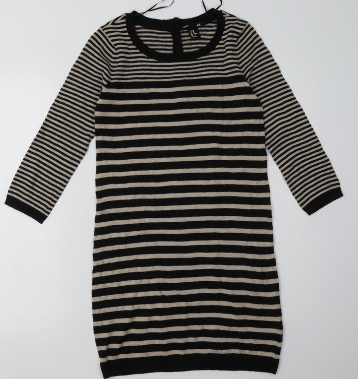 H&M Womens Brown Striped Polyamide Jumper Dress  Size XS  Crew Neck Button