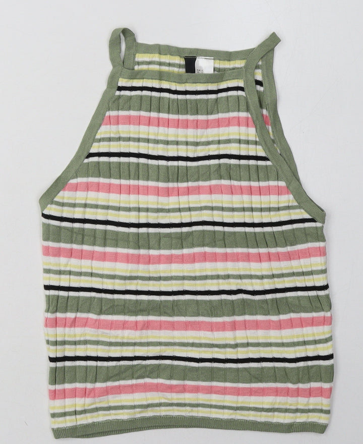 H&M Womens Green Striped Acrylic Cropped Tank Size S Crew Neck