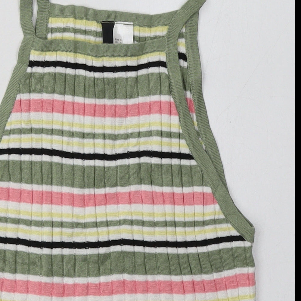 H&M Womens Green Striped Acrylic Cropped Tank Size S Crew Neck