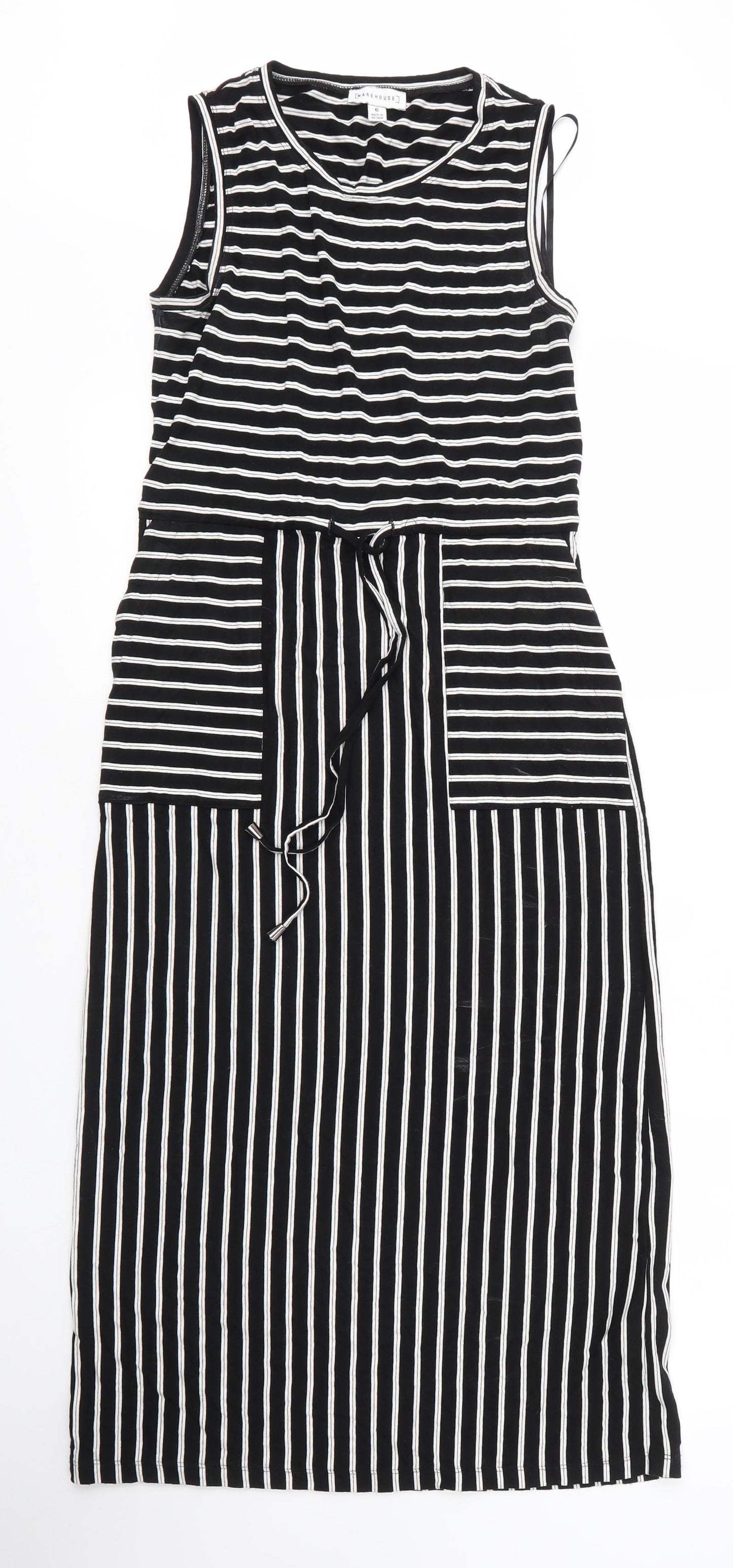 Warehouse Womens Black Striped Viscose Maxi  Size 6  Round Neck