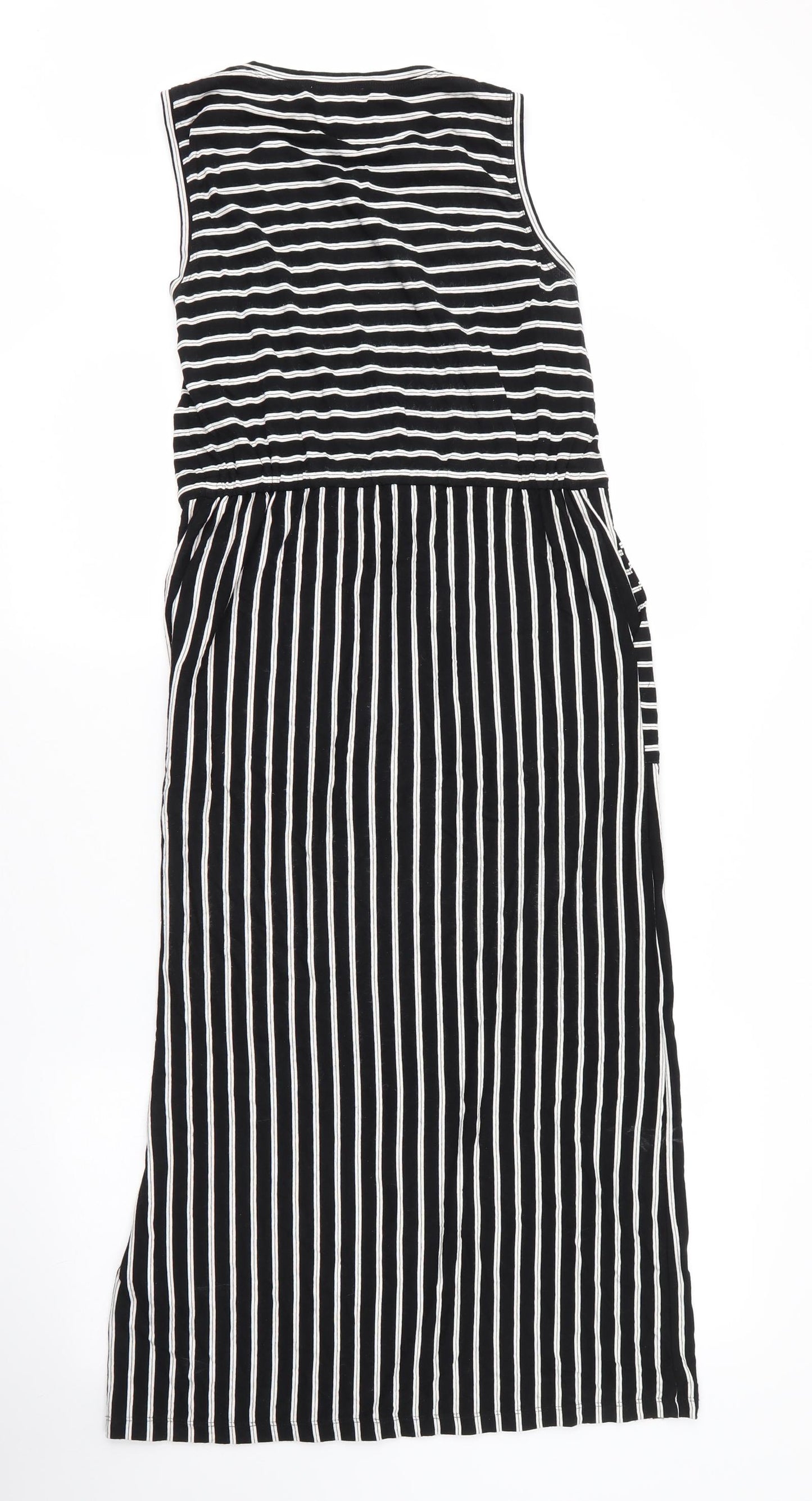 Warehouse Womens Black Striped Viscose Maxi  Size 6  Round Neck