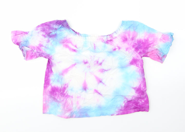 Preworn Girls Purple  Cotton Basic Blouse Size 8 Years Boat Neck  - Tie Dye Pattern