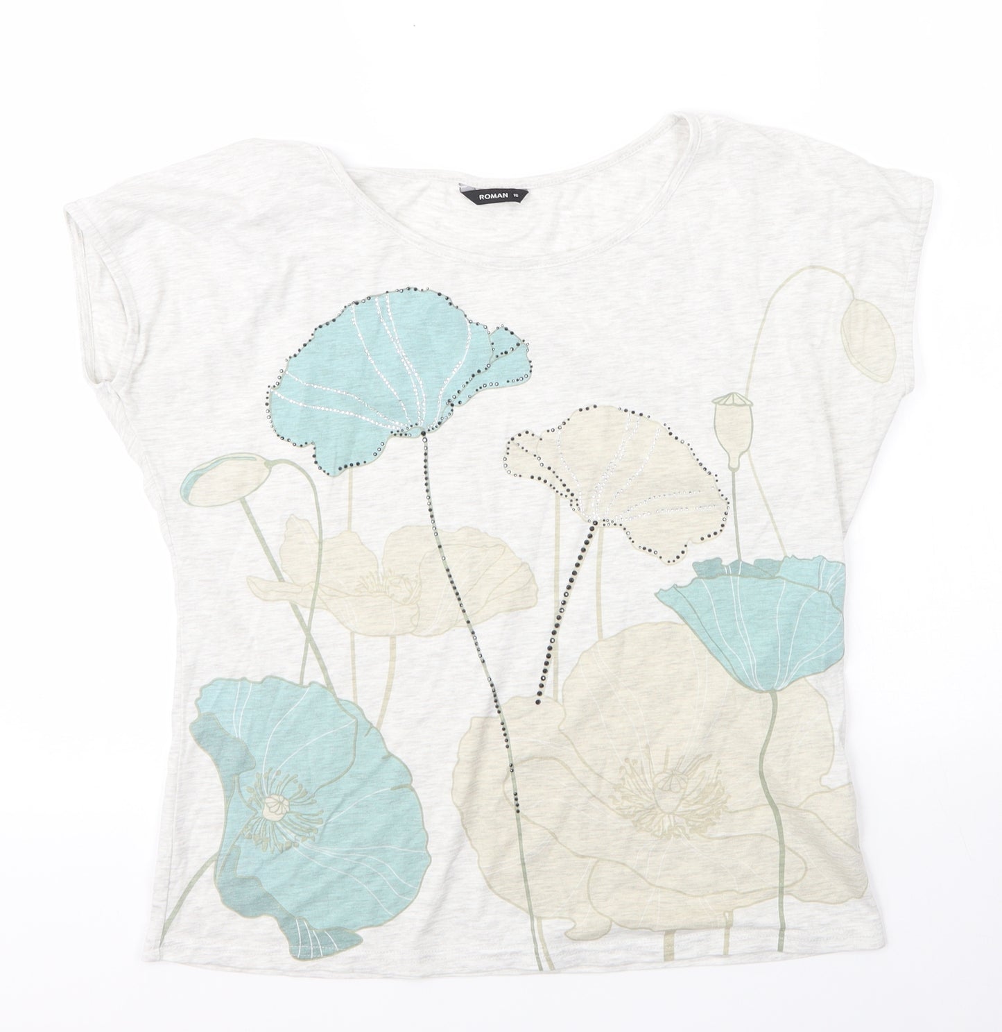 Roman Womens Beige Floral Viscose Basic T-Shirt Size 16 Round Neck