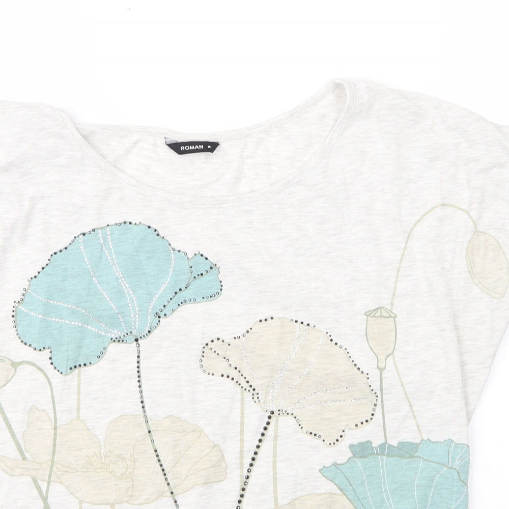 Roman Womens Beige Floral Viscose Basic T-Shirt Size 16 Round Neck