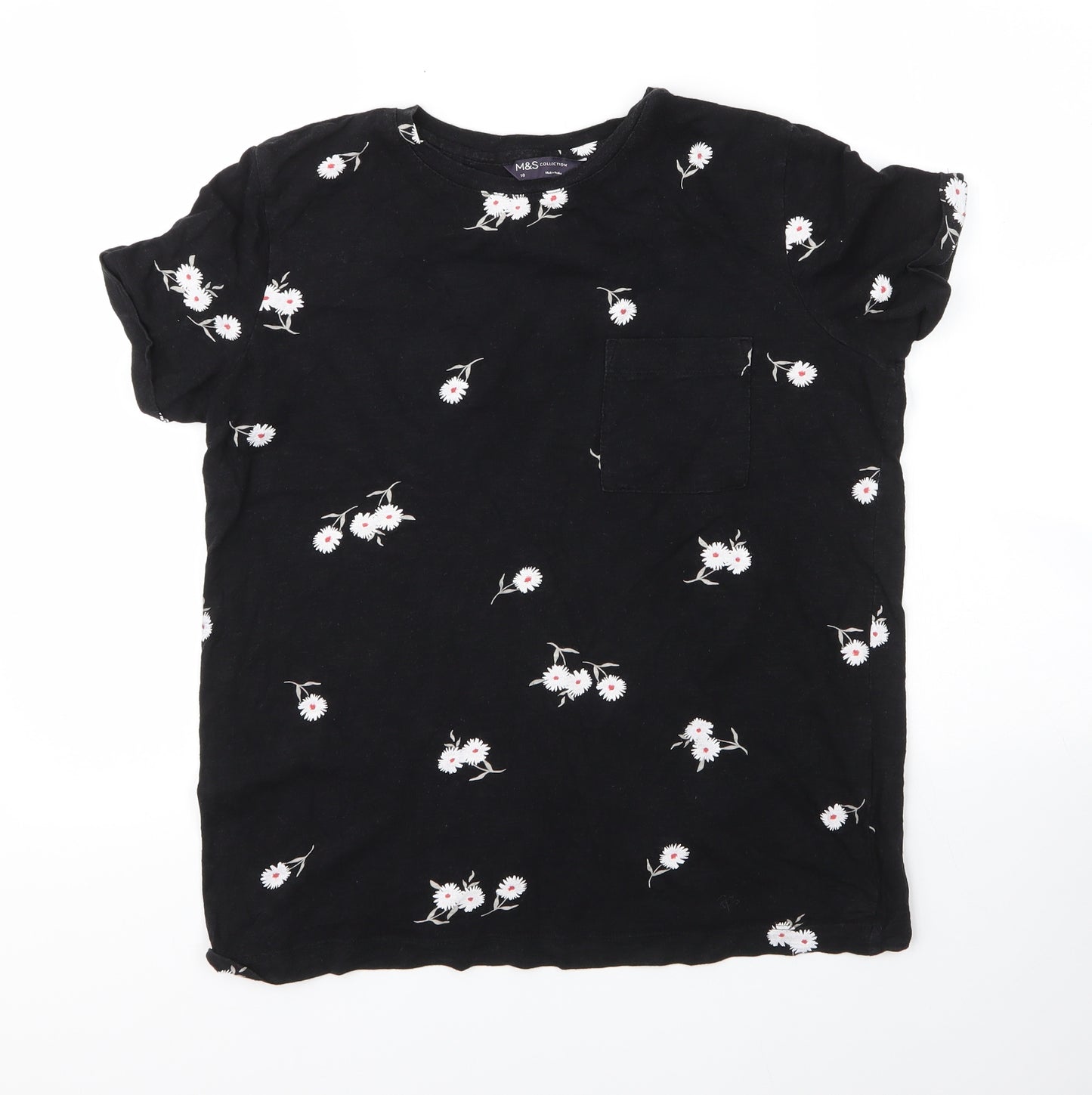 M&S Womens Black Floral Cotton Basic T-Shirt Size 10 Round Neck