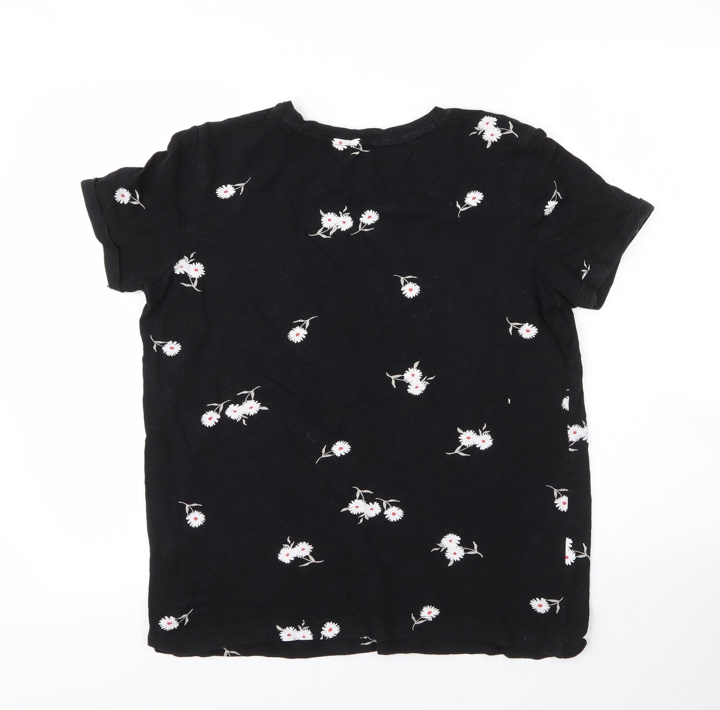 M&S Womens Black Floral Cotton Basic T-Shirt Size 10 Round Neck