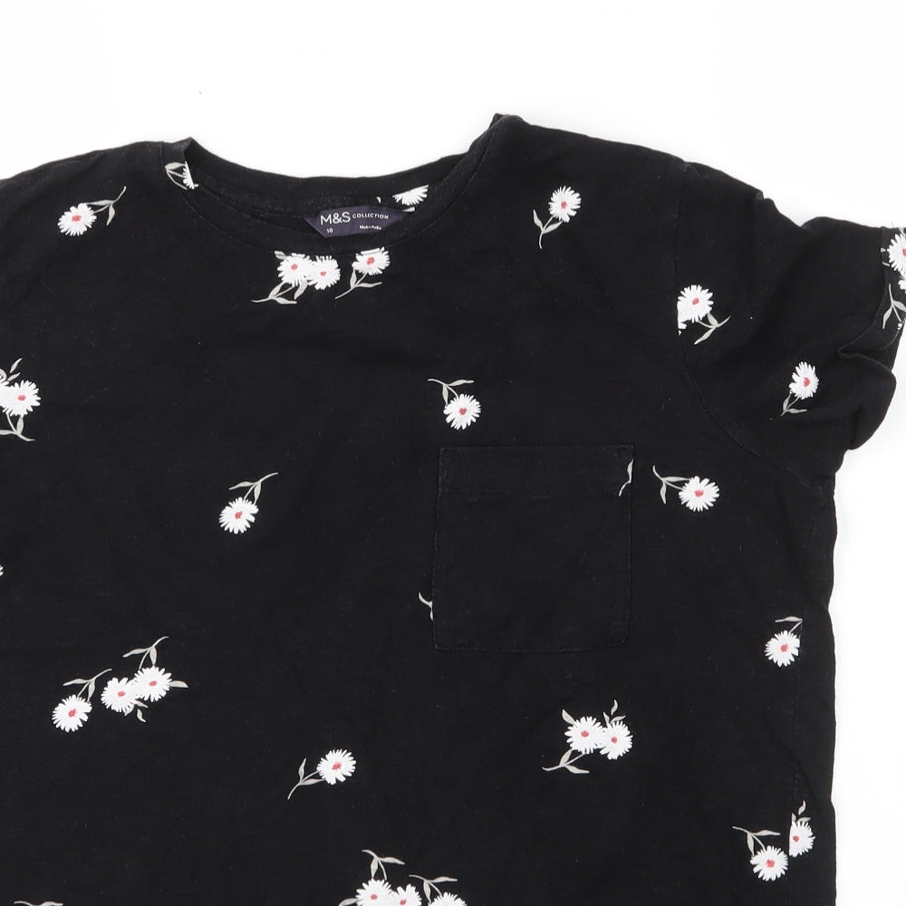 M&S Womens Black Floral Cotton Basic T-Shirt Size 10 Round Neck