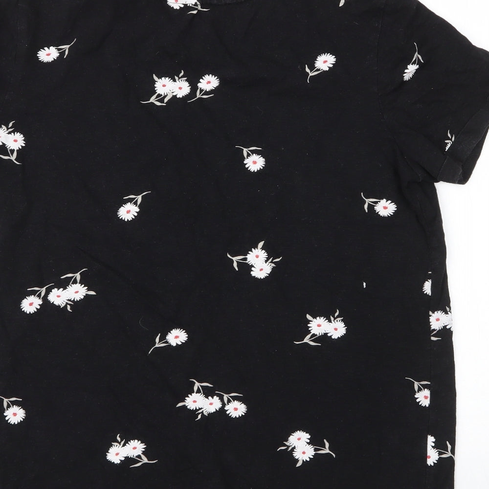 M&S Womens Black Floral Cotton Basic T-Shirt Size 10 Round Neck