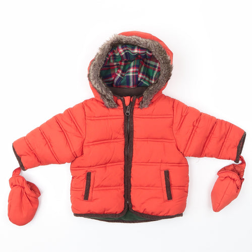 M&S Boys Orange   Parka Coat Size 3-6 Months   Zip - Gloves attached