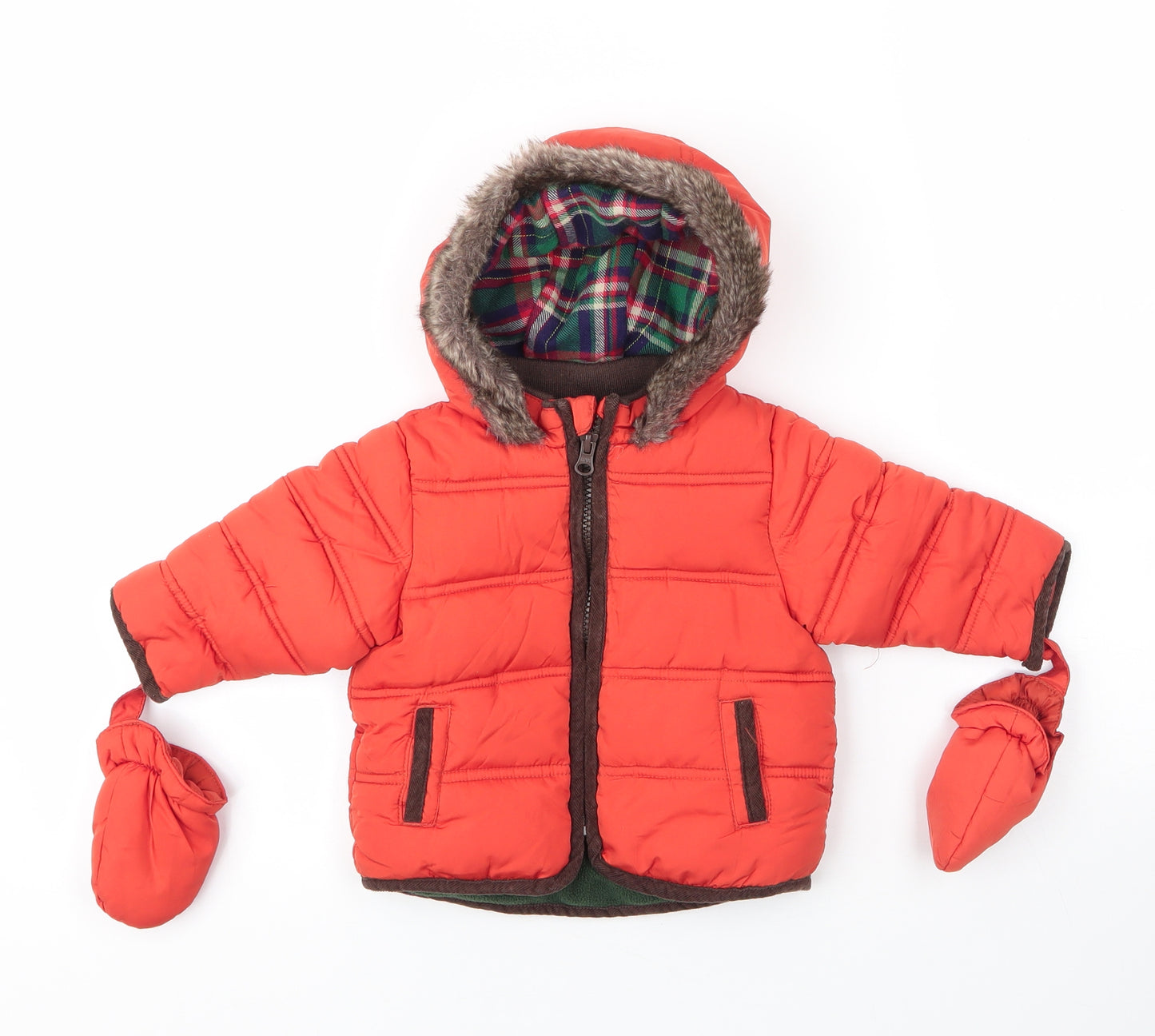 M&S Boys Orange   Parka Coat Size 3-6 Months   Zip - Gloves attached