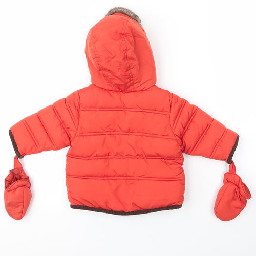 M&S Boys Orange   Parka Coat Size 3-6 Months   Zip - Gloves attached