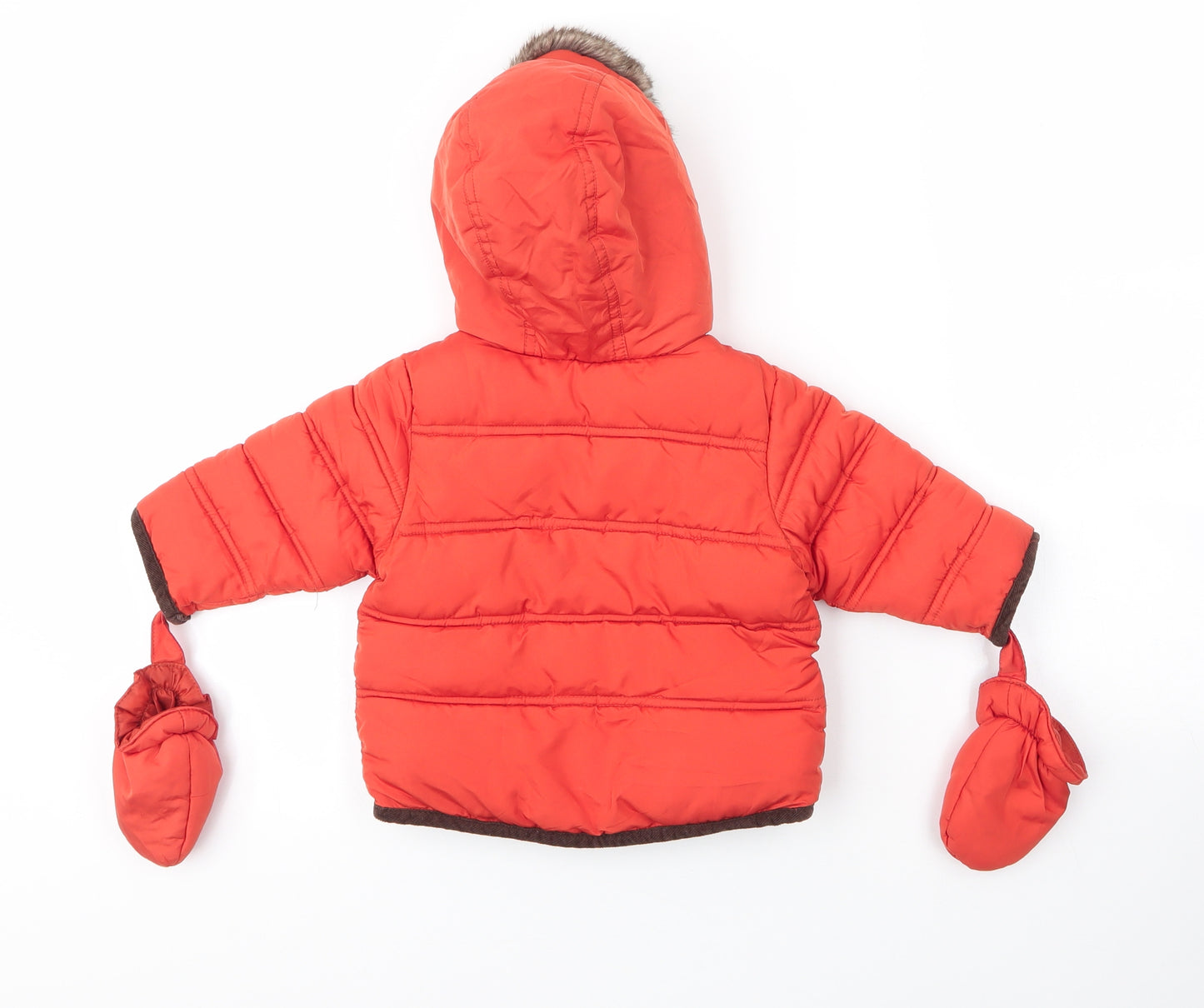 M&S Boys Orange   Parka Coat Size 3-6 Months   Zip - Gloves attached