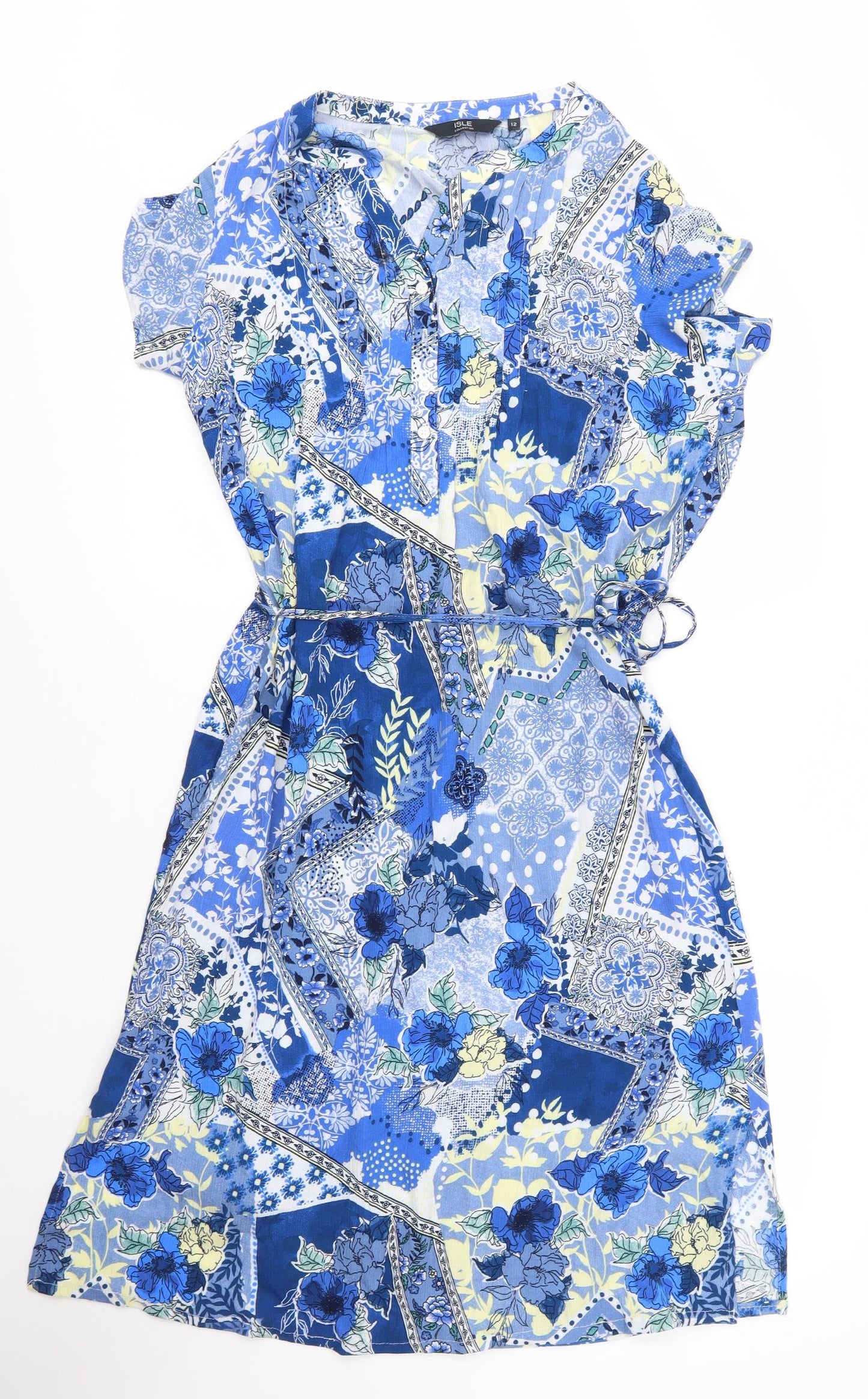 Isle Womens Blue Floral Viscose A-Line  Size 12  V-Neck