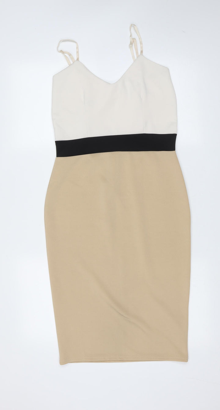 Signature Womens Beige Polyester Pencil Dress Size 12 V-Neck