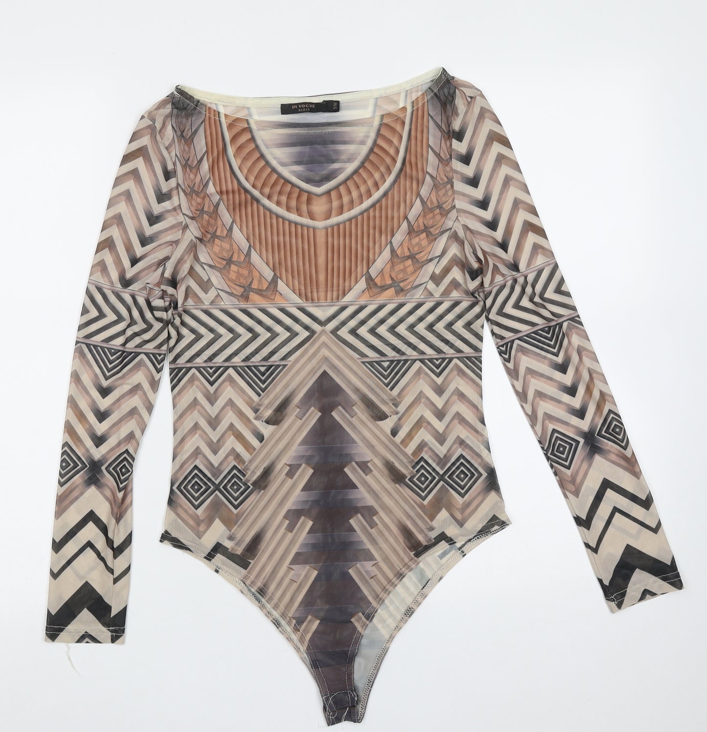In Vogue Womens Beige Geometric Polyester Bodysuit One-Piece Size S   - sheer