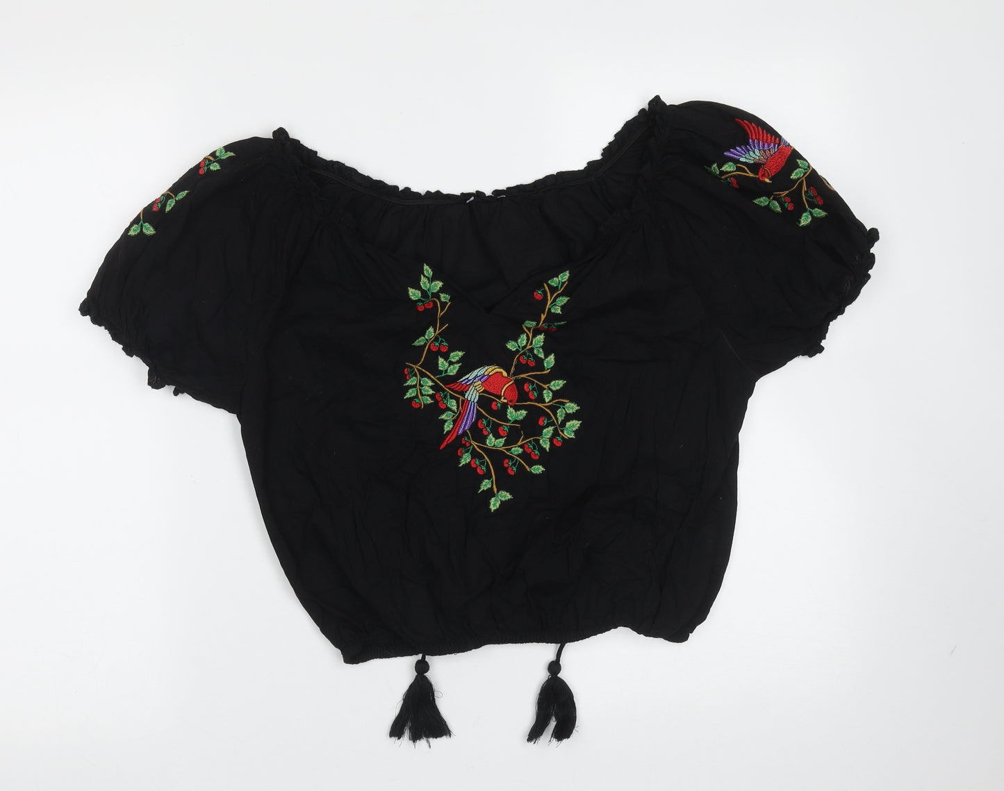 Primark Womens Black Floral Cotton Basic Blouse Size 10 V-Neck - Embroidered detail