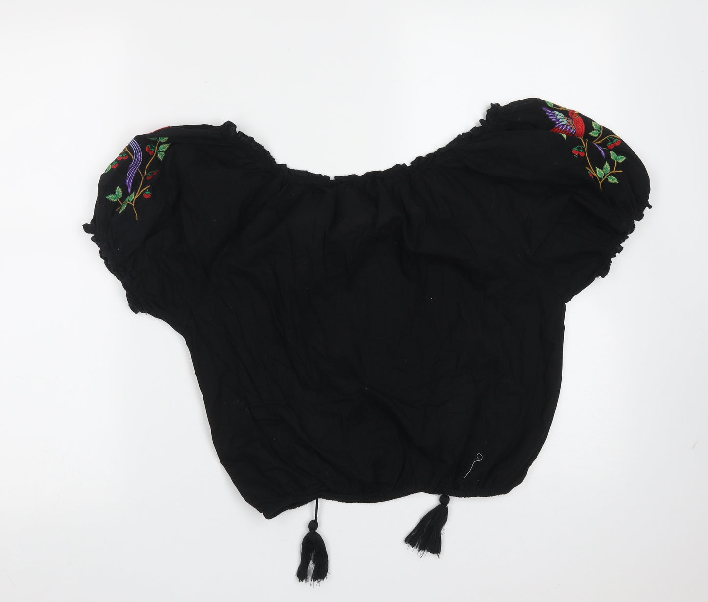Primark Womens Black Floral Cotton Basic Blouse Size 10 V-Neck - Embroidered detail
