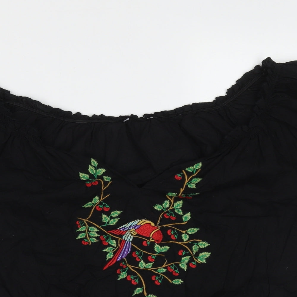 Primark Womens Black Floral Cotton Basic Blouse Size 10 V-Neck - Embroidered detail