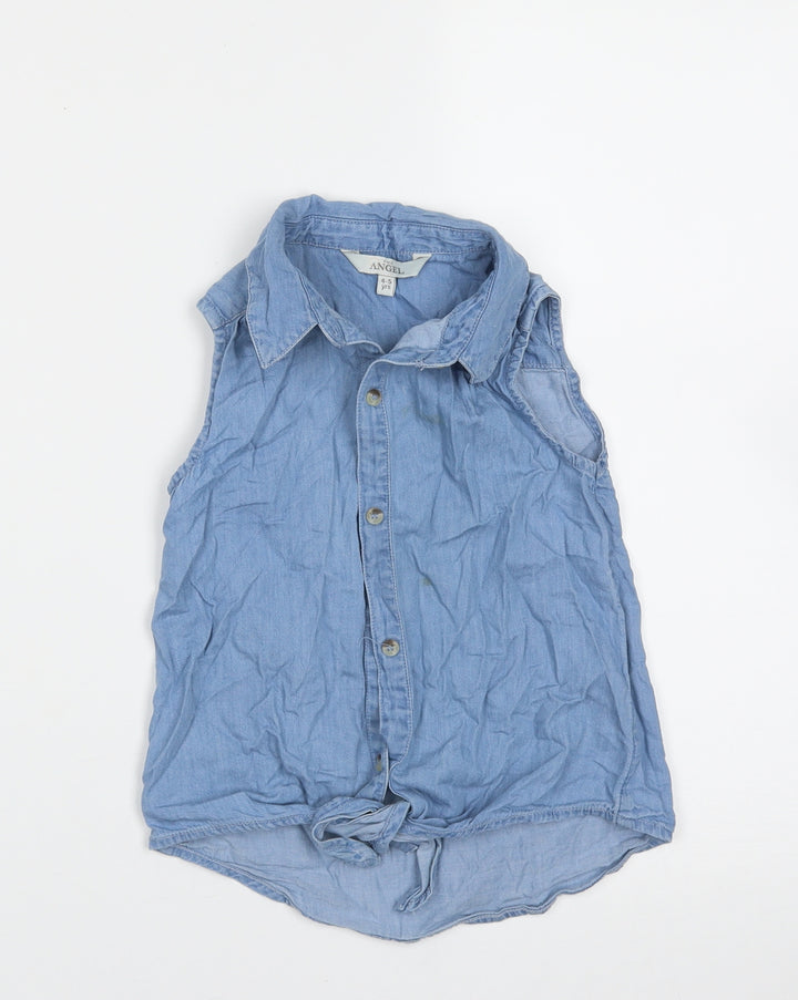 Evie Angel Girls Blue  Cotton Basic Blouse Size 4-5 Years Collared Button - Tie at front