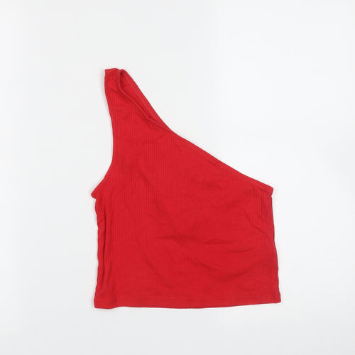 Topshop Womens Red  Cotton Cropped T-Shirt Size 10 One Shoulder