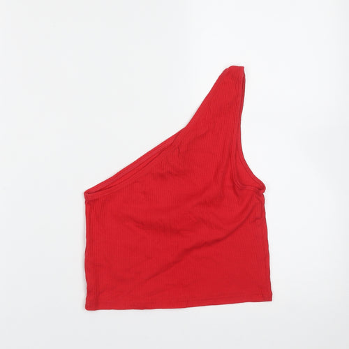Topshop Womens Red  Cotton Cropped T-Shirt Size 10 One Shoulder
