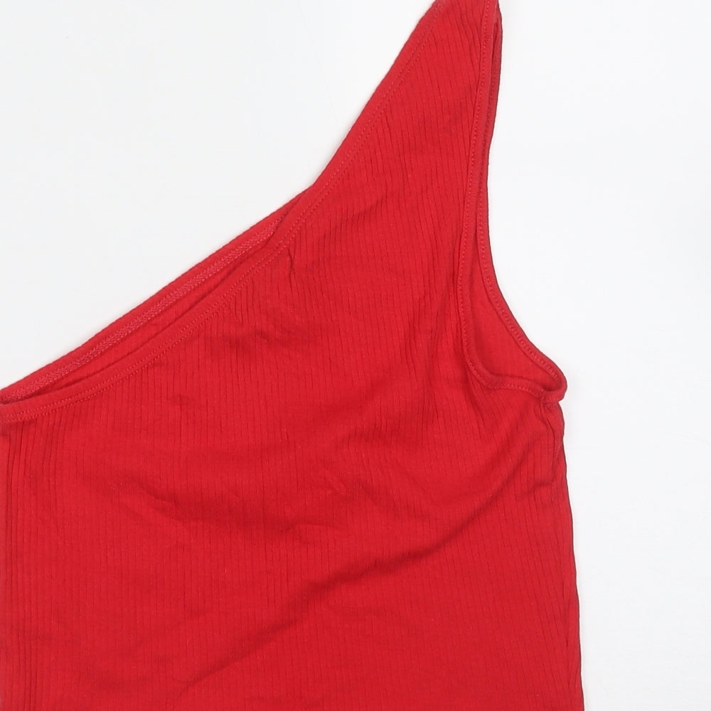 Topshop Womens Red  Cotton Cropped T-Shirt Size 10 One Shoulder