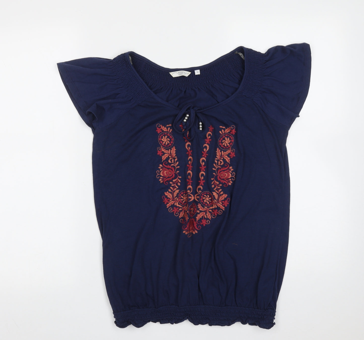 New Look Womens Blue Floral Polyester Basic T-Shirt Size 12 Round Neck - Embroidered detail