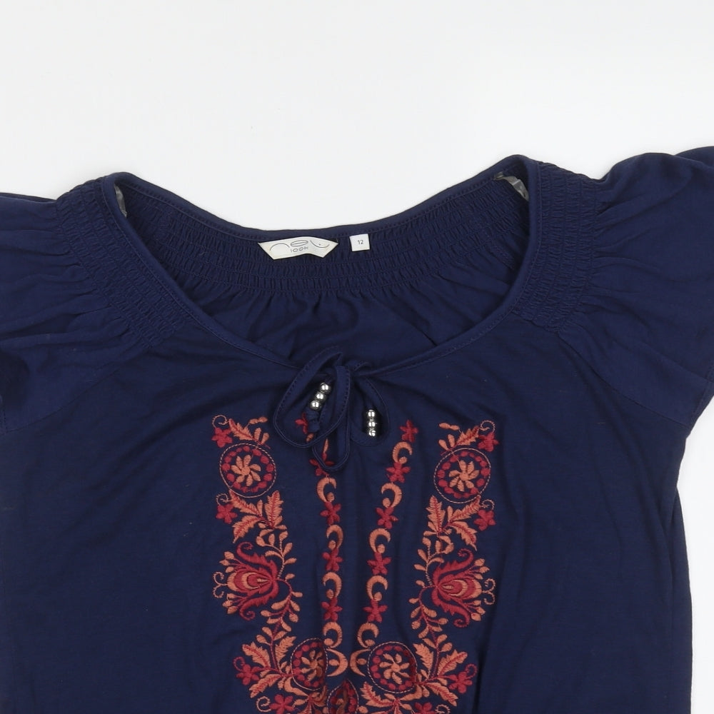 New Look Womens Blue Floral Polyester Basic T-Shirt Size 12 Round Neck - Embroidered detail