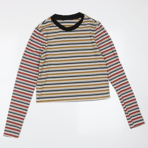 Preworn Womens Beige Striped Polyester Basic T-Shirt Size XS Round Neck