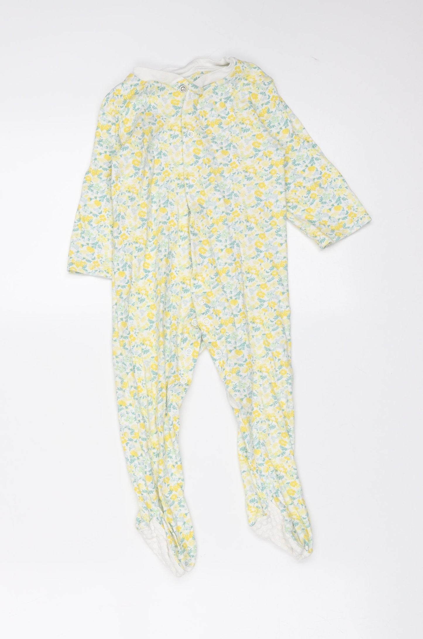 Marks and Spencer Girls Yellow Floral Cotton Babygrow One-Piece Size 12-18 Months  Button