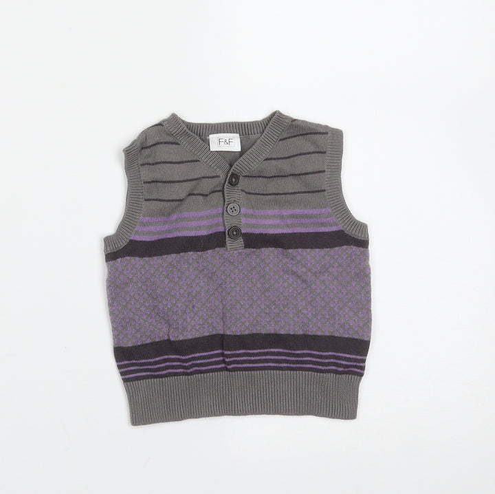 F&F Boys Grey Striped Cotton Pullover Jumper Size 3-6 Months