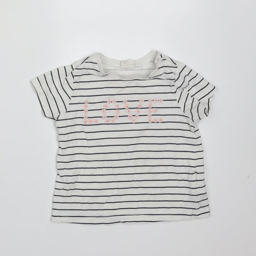 H&M Girls White Striped Cotton Basic T-Shirt Size 9-12 Months Round Neck  - love