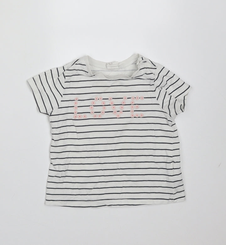 H&M Girls White Striped Cotton Basic T-Shirt Size 9-12 Months Round Neck - love