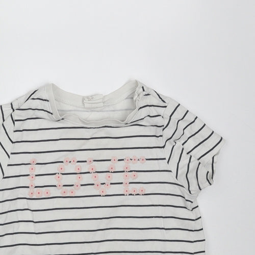 H&M Girls White Striped Cotton Basic T-Shirt Size 9-12 Months Round Neck  - love